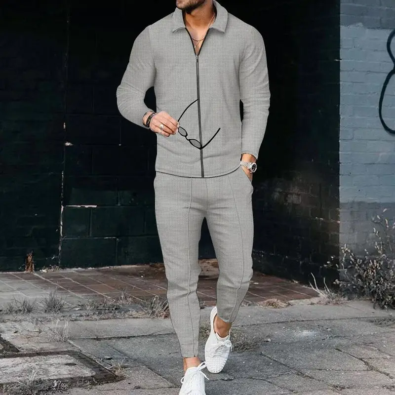 

New Men's Casual Outdoor Long Sve Pants Set Zipper Color Polyester Blend Fabric Autumn Season Long Pants Jaet