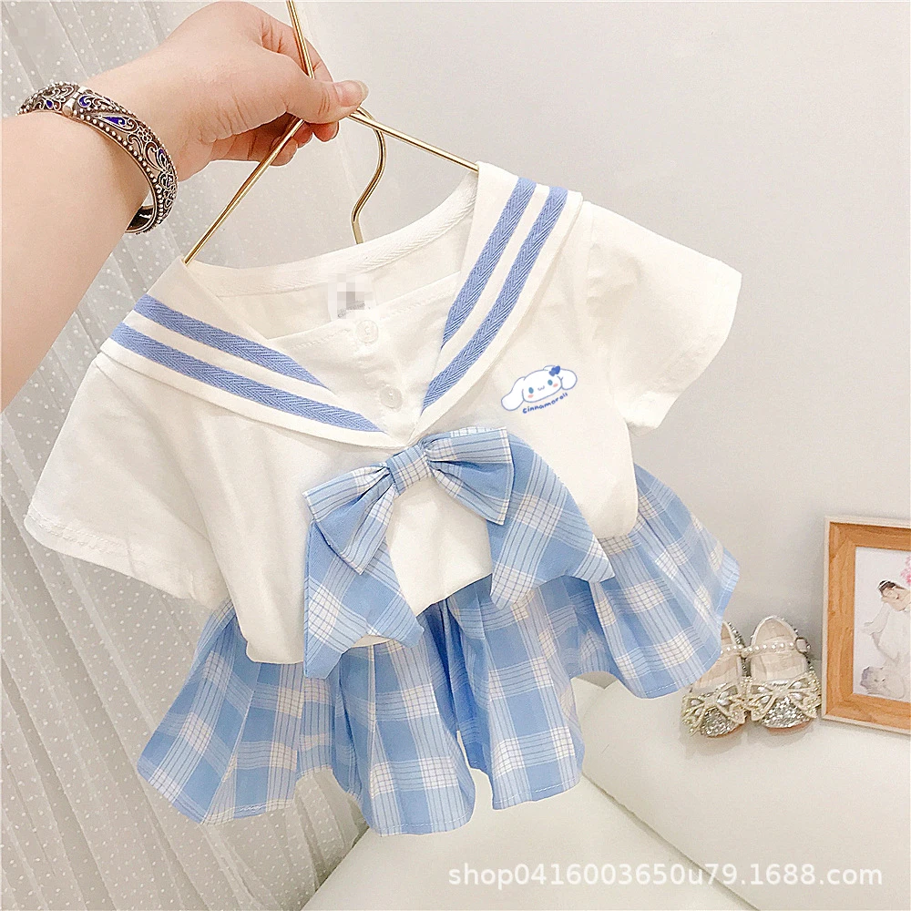 

New Sanrio Hello Kitty Cinnamoroll Children Jk Uniform Set Cute Baby Girl Bow Tie Short Sleeve T-Shirt Pleated Skirt Short Skirt