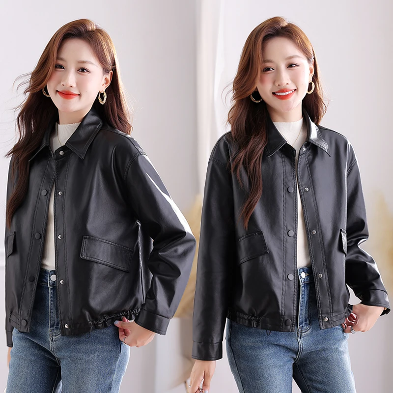 Nuova versione coreana moda invernale versatile giacca corta in pelle Pu per donna cappotto casual allentato colletto primaverile e autunnale femminile