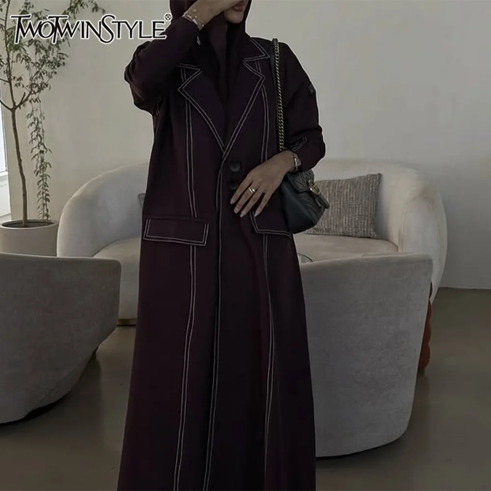 TWOTWINSTYLE Solid Spliced Button Slimming Trench for Women Lapel Long Sleeve Tunic Temperament Long Coat Female New