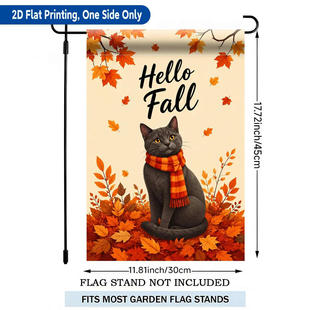 2D Flat Garden Flag 1 Piece, Grey Cat Autumn Leaf Warm Scarf Single-sided Printed Garden Flag, Polyester Material