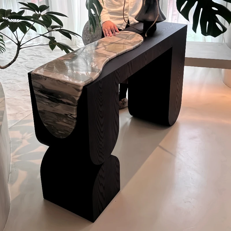 

Medieval style solid wood natural marble entrance table, retro style designer light luxury home living room entrance table