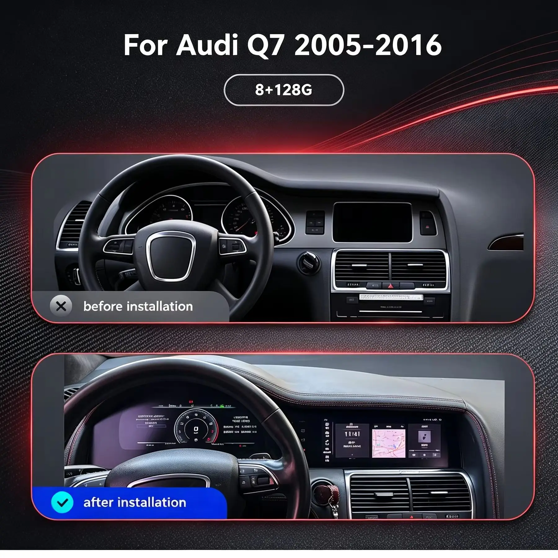 Lizpofly 12.3+10.25 Dual Screen Android GPS For Audi Q7 2005-2016 Car Dashboard LCD Digital Instrument CarPlay Multimedia