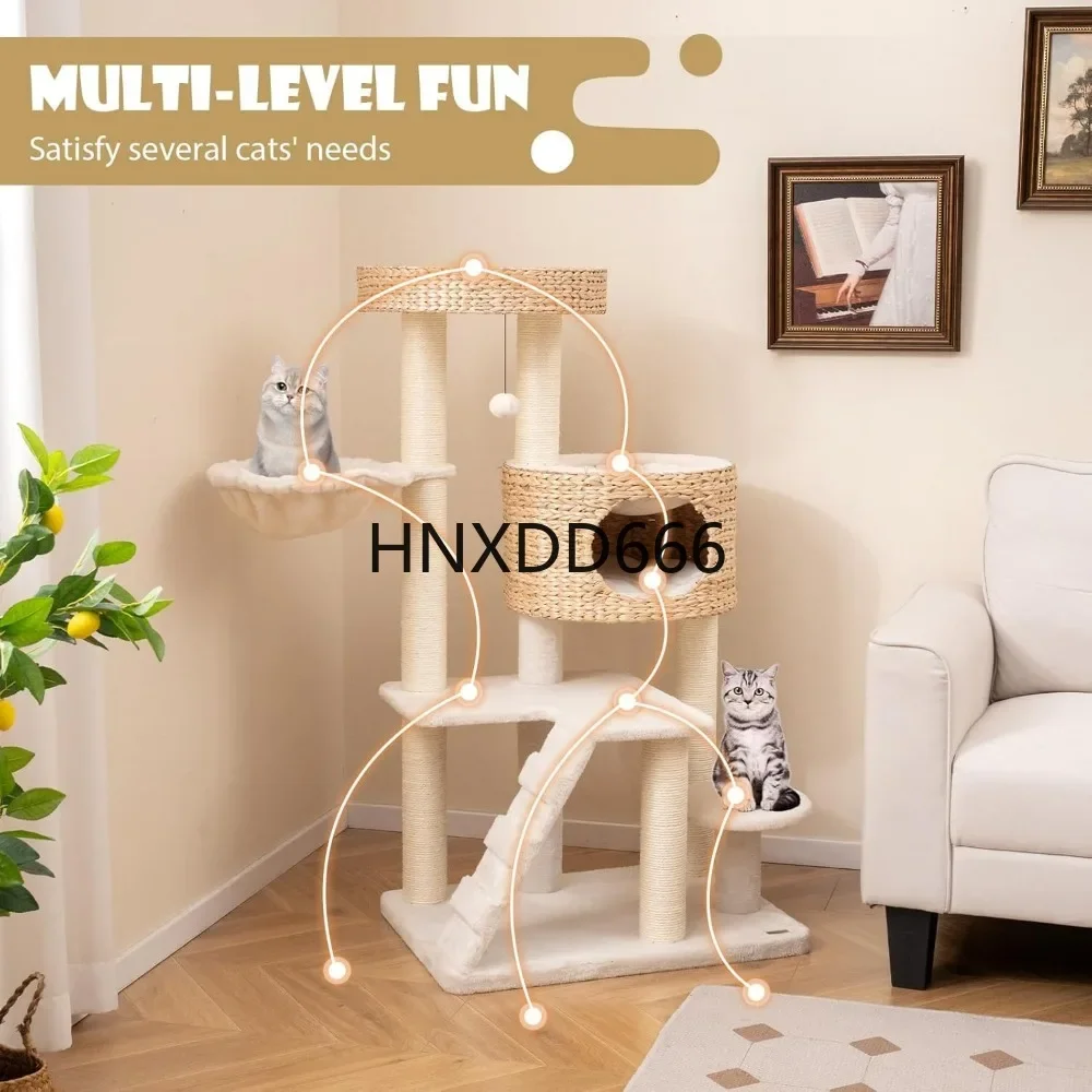 Modern Cat Tree, with Cattail Fluff Condo  Top Perch, Hanging Basket, Platforms, Ladder,
