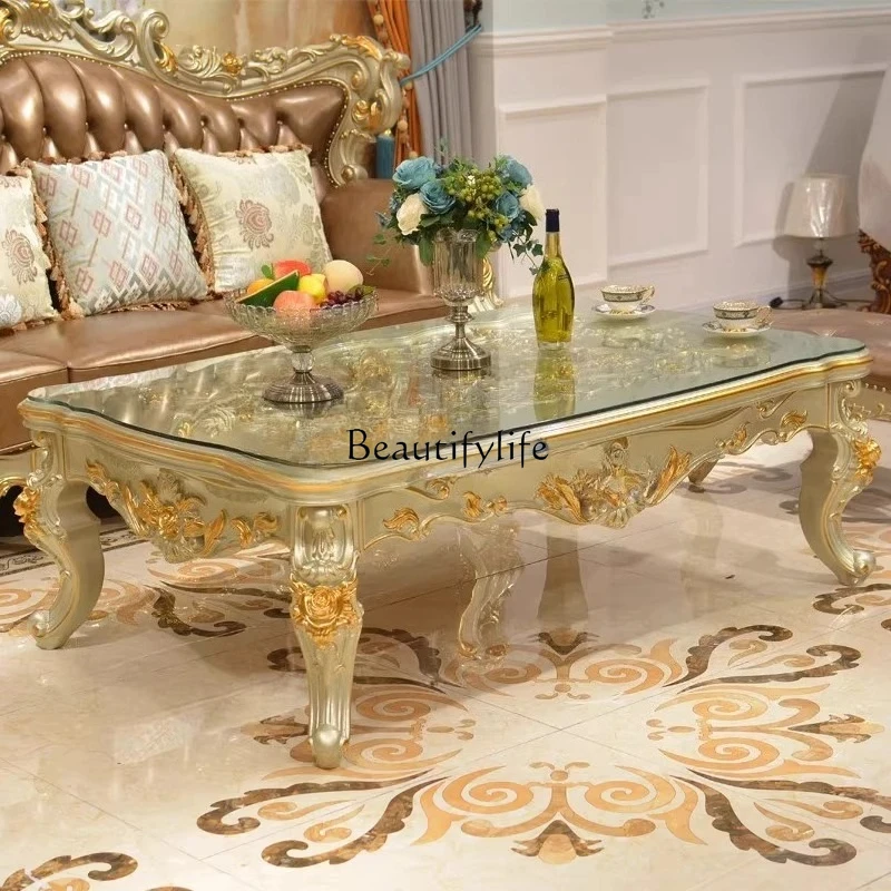 

European TV cabinet combination living room tea table atmosphere solid wood carving flower marble