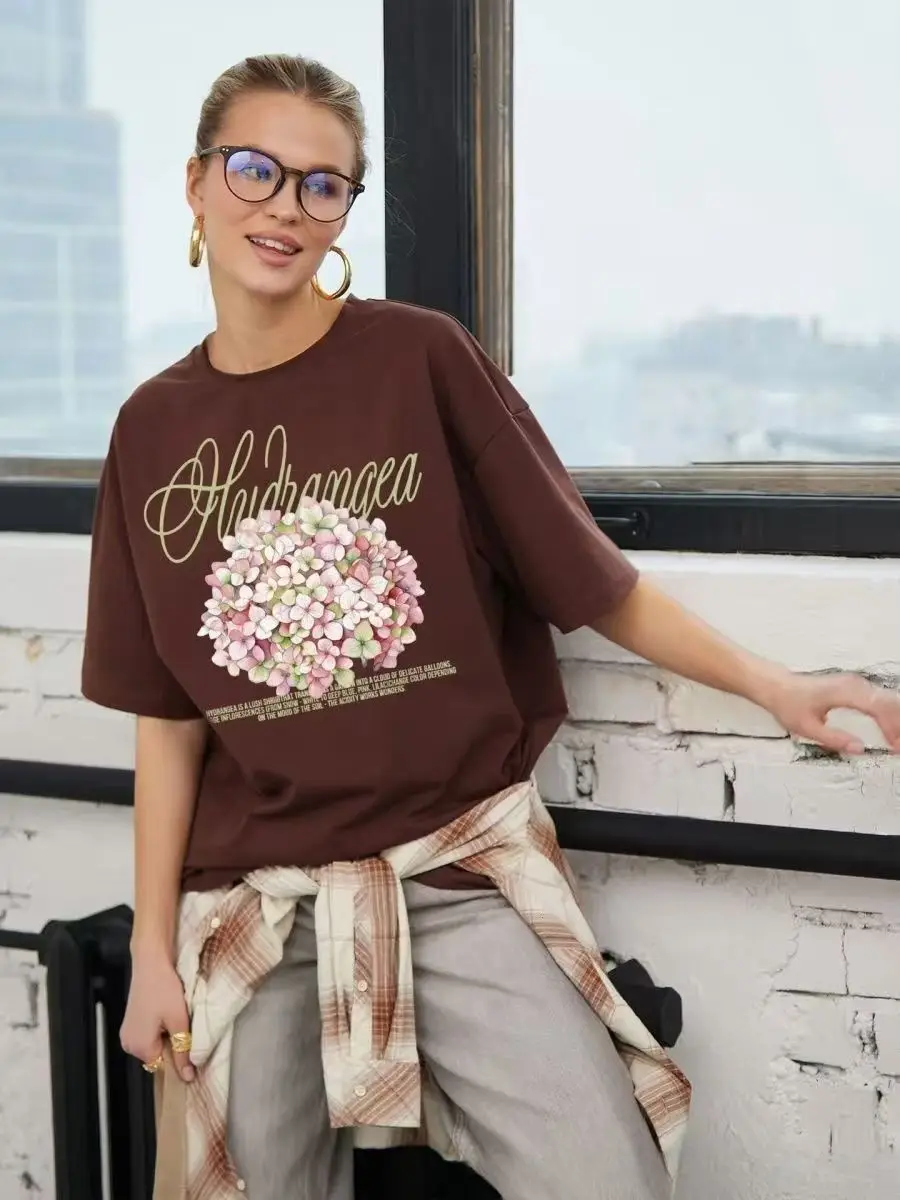 Classic Fashion Hydrangea Beautiful Flowers Printing Short Sleeve Loose T-shirt Women Casual Shirts Summer Cotton Top Streetwear