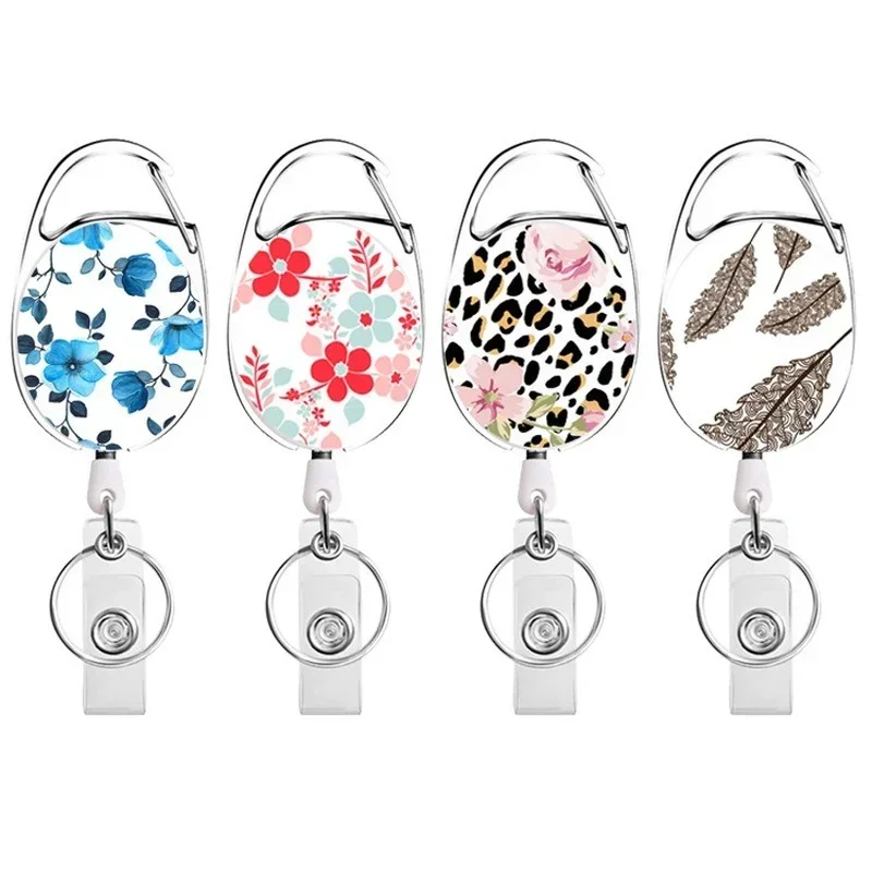 ABS Zinc Alloy Retractable Badge Reel, Cute Flower Leopard Print Leaf Design Retractable ID Badge Reel, Portable Pull Reel Clip