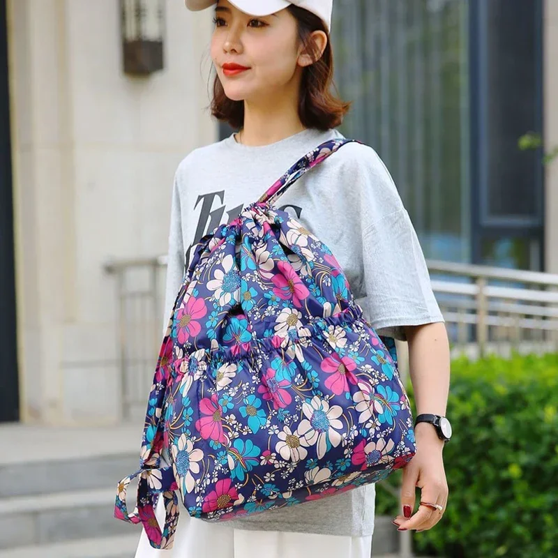 Women Printed Shoulder Bag Large Capacity Drawstring Backpack Lightweight Nylon Wearable Outdoor Travel Hiking Bag Shopping Bags