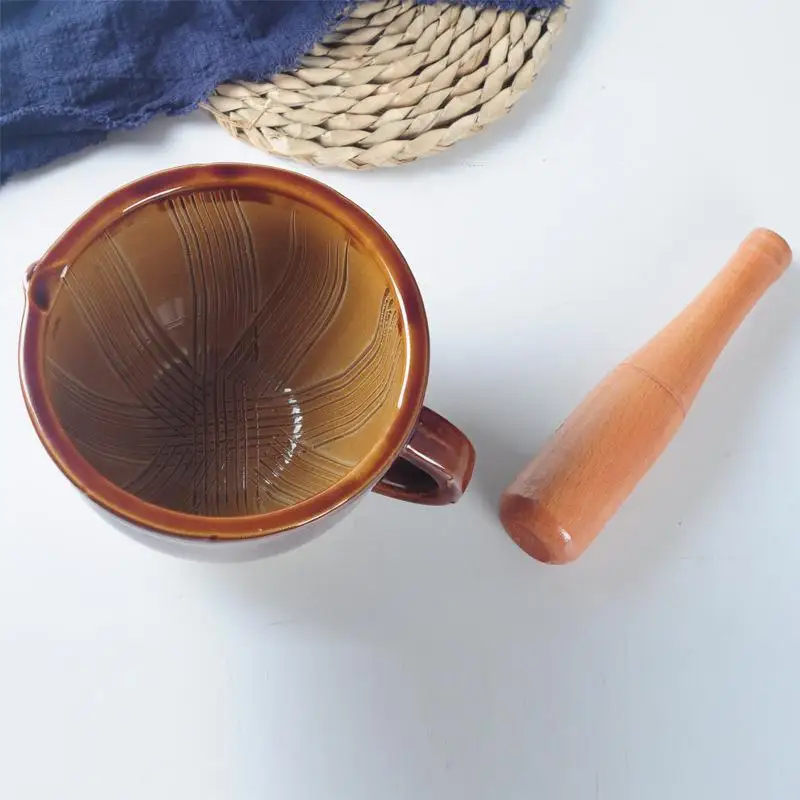 

Ceramic Mortar And Pestle Set With Natural Wood Pestle Non Slip Base Perfect For Kitchen Grinding Spices Herbs Garlic