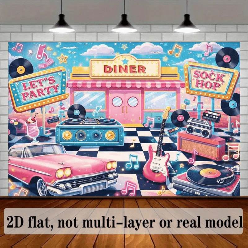 2D planar retro American restaurant party backdrop. 50s theme. Pink bar stools and black and white checkered floor decoration.