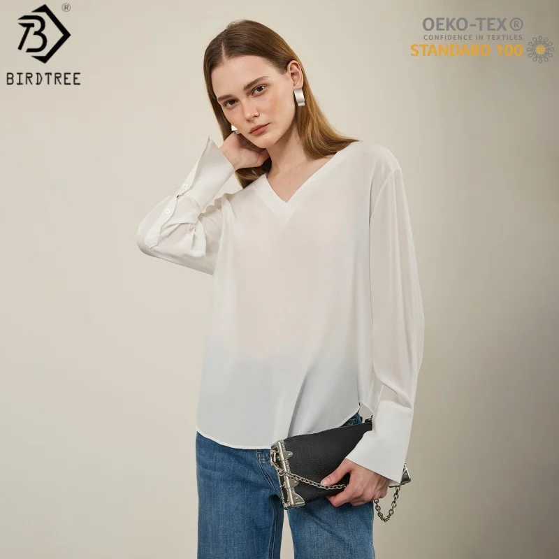 

Блузка Birdtree из 100% натурального шелка OEKO-TEX, полупрозрачная, с длинным рукавом и V-образным вырезом, женская рубашка из двойного крепа, новинка лета 2026 T64648JF