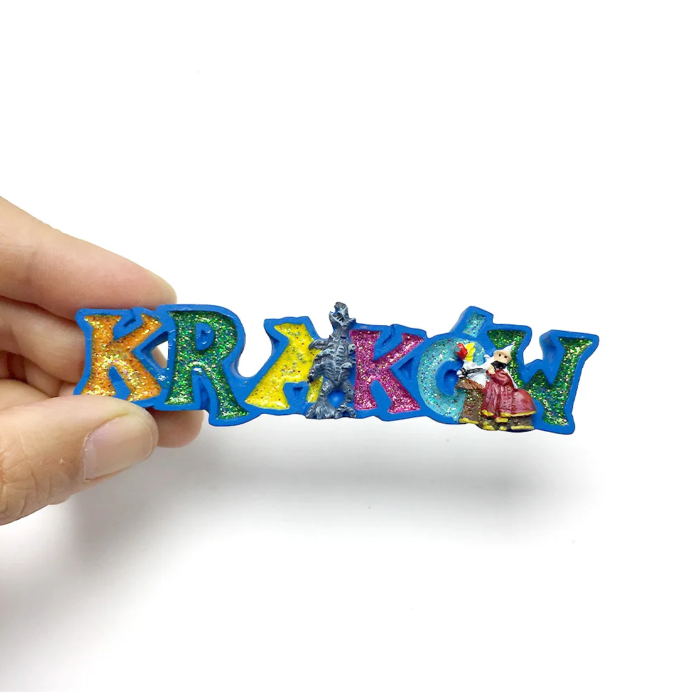 

Resin material fridge magnet, colorful Krakow lettering, travel souvenir, home decoration, magnetic sticker