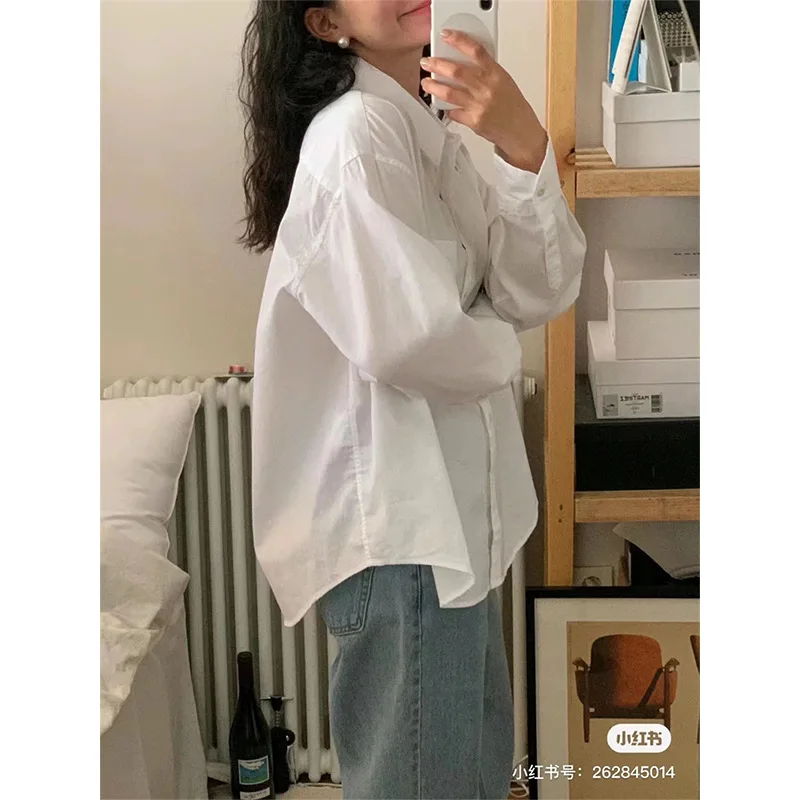 

Letter Embroidery Oversize Shirt For Women Full Sleeves Cotton Blouse Full Sleeves White Color Elegant Coat Summer Y2k