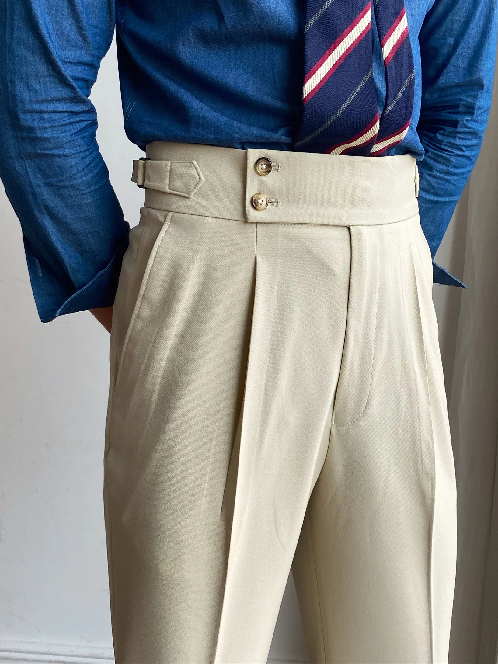 

Повседневные мужские брюки с высокой талией, неополитанные прямые брюки, негладкие брюки для отдыха на пуговицах, молодежная мода