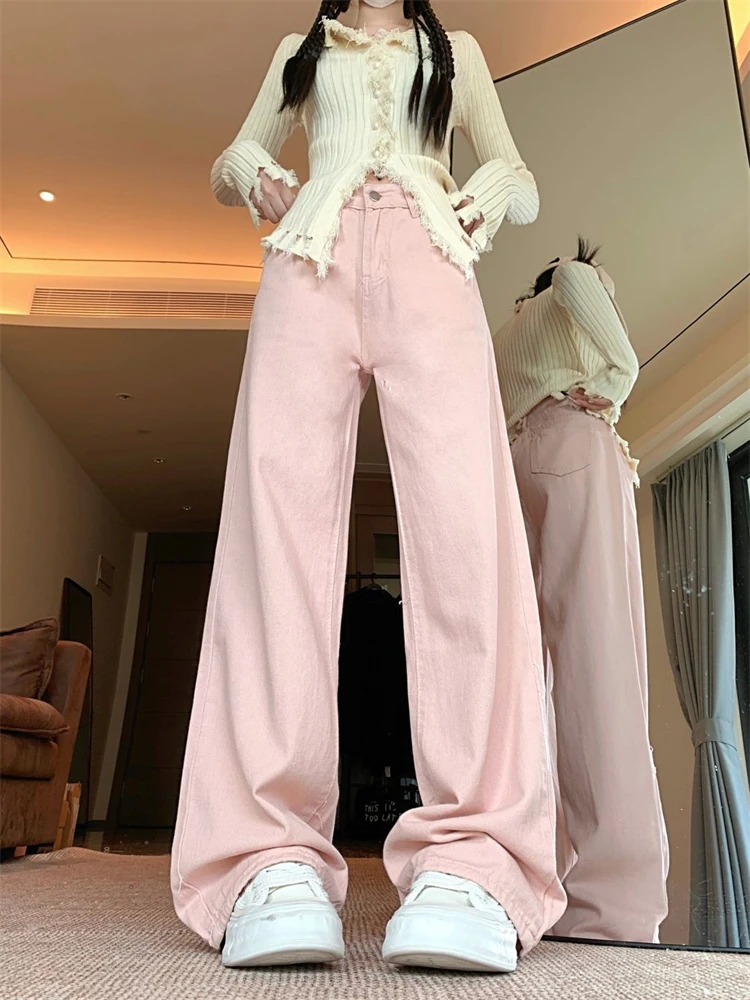 

Women's Solid Color Pink Wide-leg Jeans Sweet Girl Streetwear Casual Trouser Female Casual High Waist Baggy Denim Pants