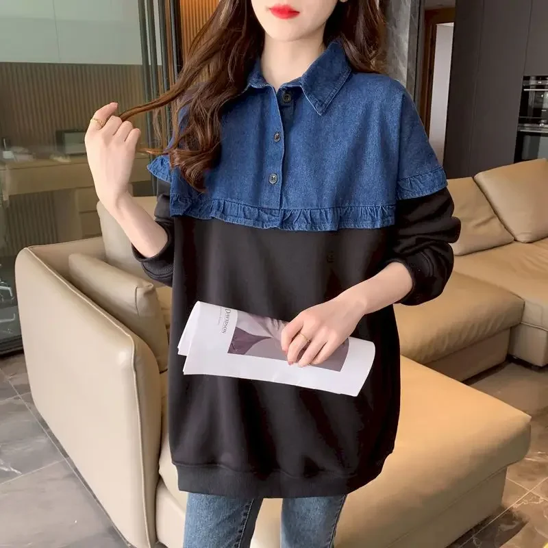 Casual Pullovers Women Autumn Winter Trendy Thicken Plush Polo Neck Pullover Oversized Top Loose Design Splice Denim Y2k Clothes