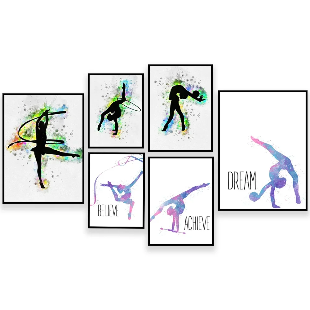 Rhythmic gymnastics girl with ribbon sport poster, dream come true, rhythmic gymnastics, watercolor inspirational girl gift