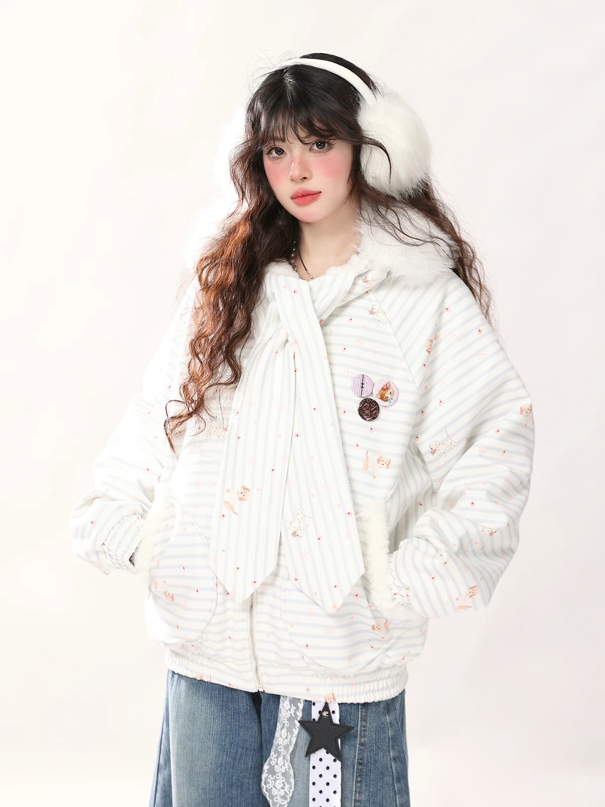 

ENJOG Cute Striped Scarf Hooded Cotton Jaet Women's Autumn Winter Loose Lazy Sle Cotton Coat Long Sve Thiened