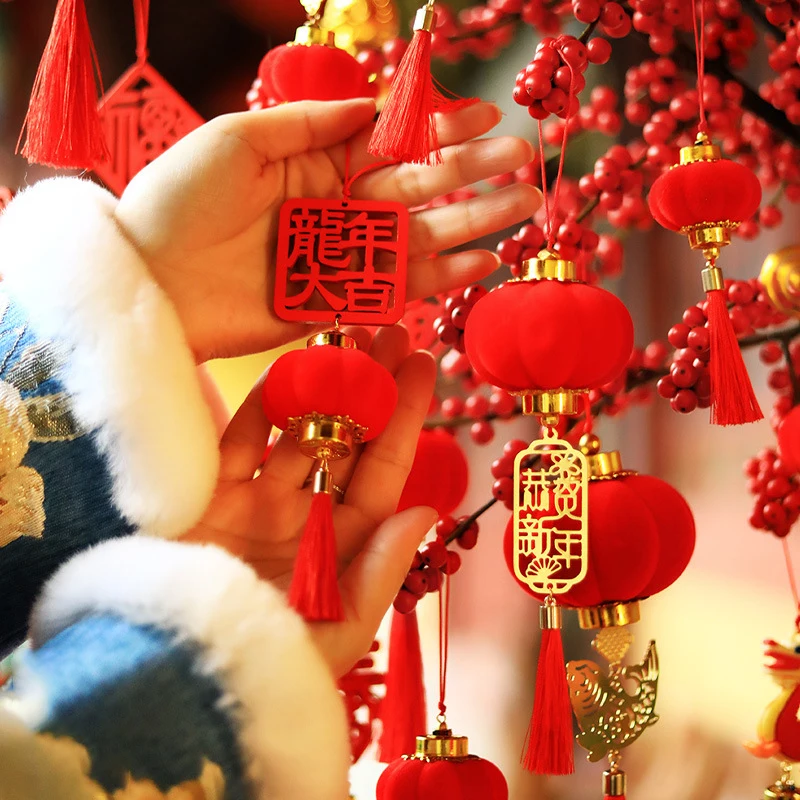 Chinese Traditional Style Lantern Pendant 2024 Year of the Dragon Red Tassle Hanging Decor Spring Festival Potted Plant Charms