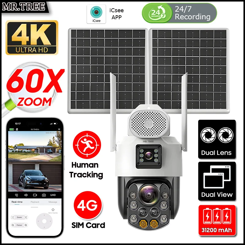 

Солнечная камера с SIM-картой 4G AOV, 24 часа записи, встроенная батарея емкостью 31200 мАч, наружное наблюдение, 60-кратный зум, камера с автоматическим треком, 25 Вт, солнечная панель
