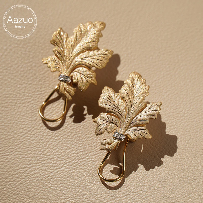 Aazuo Real Vintage Jewelry 18K Solid Yellow Gold Real Diamonds Fairy Leaf Clip Earrings Women's Engagement Party Jewelry Gift