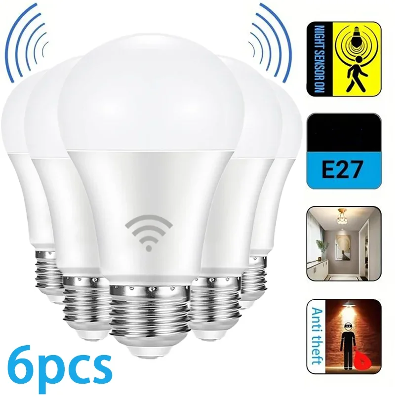 6pcs Radar Motion Sensor Light Bulb 220V 110V E27 LED Lamp Smart Infrared Bulb 6W 9W 12W 15W 18W 20W Working in Night Darkness V