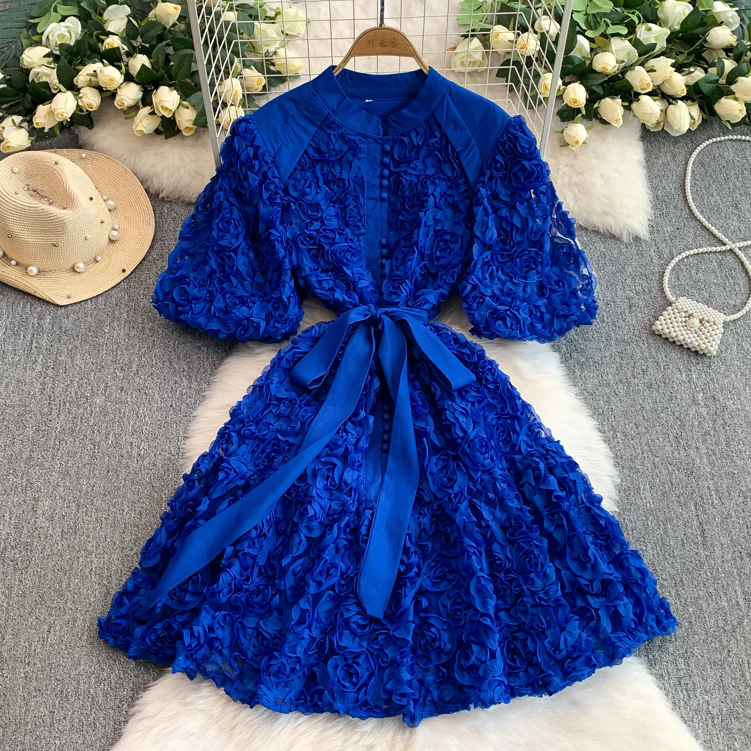 

Elegant Vintage puff sleeve lace-up A-line French Evening Women Beach dress High Street Clothing dresses