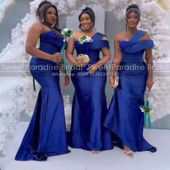 Kraliyet Mavi Denizkızı Gelinlik Modelleri Aplikler Bir Omuz Özelleştirilmiş Trompet Uzun Artı Boyutu Kadın Düğün Parti Elbise