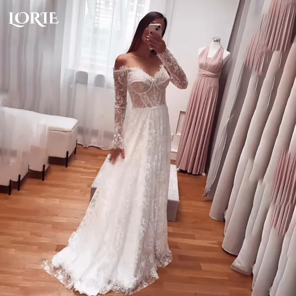 

LORIE Appliques Boho Wedding Dress 3D Flowers Lace Long Sleeve Sweetheart Mermaid Bride Gown Customized Corset Bride Dress Plus