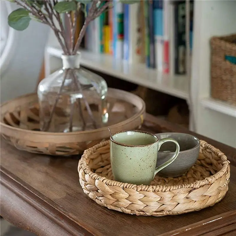 RALCA-4Pcs Round Braided Tray Made Of Seagrass Water Hyacinth Set 33Cm + 28Cm Diameter Fruit Bowl