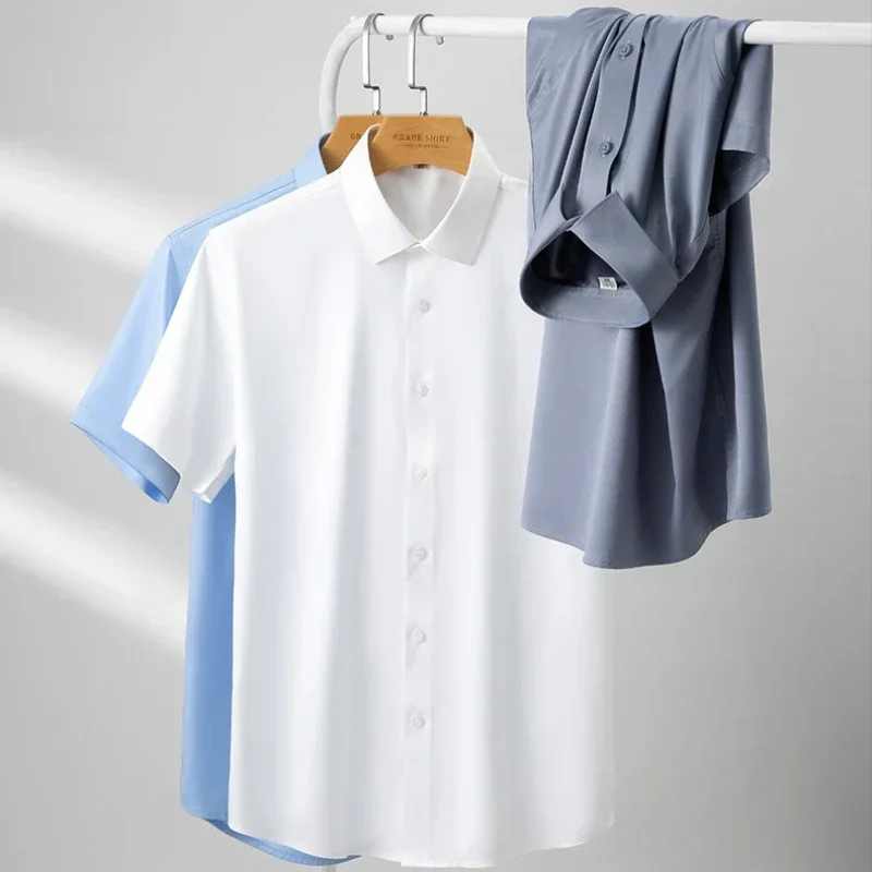 Men Summer Business Short Sleeve Elastic Dress Shirts High Density Silky Material Solid No Pocket Stretch Clothes