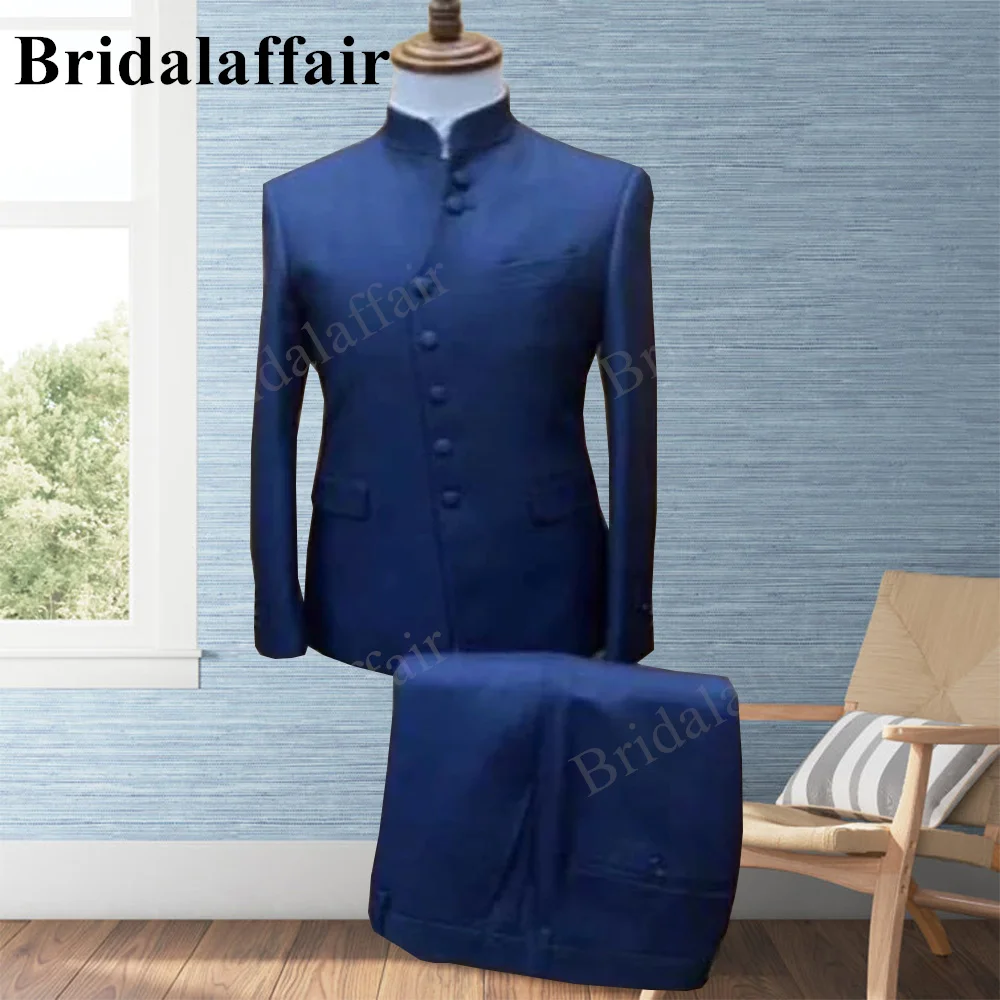 

Bridalaffair Navy Blue Fashion Wedding Men Suits Stand Collar Single Breasted Groom Prom Tuxedo Terno Masculino Slim Fit Custom