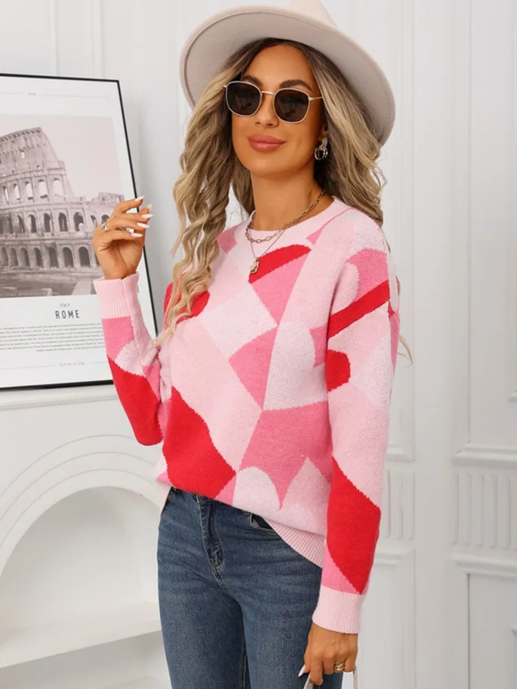 Herfst Vrouwen O-hals Ruches Trui Lange Mouw Gebreide Dieptepunt Valentijnsdag Afdrukken Truien Vrouwen Casual Trui Winter