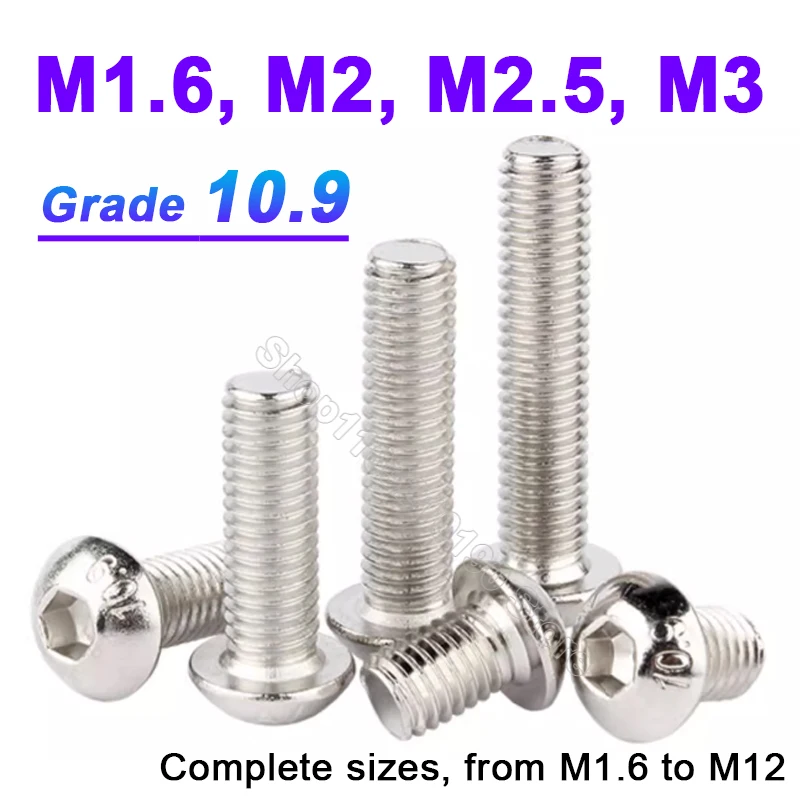 

10-300pcs M1.6 M2 M2.5 M3 Grade 10.9 Nickel Plated Hexagon Hex Socket Round Button Head Screws Allen Furniture Bolt ISO7380