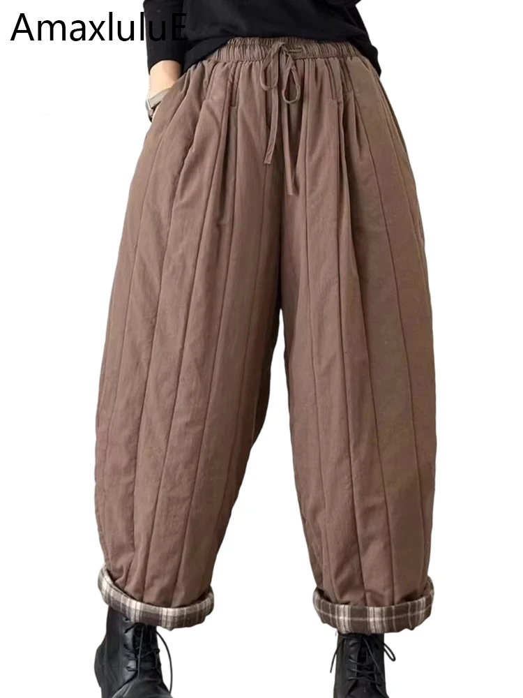 

Amax LuluE 2025 Winter Classic Warm Solid Padded Pants Women Korean Vintage Clothes Ladies Loose Fashion Thicken Harem Trousers