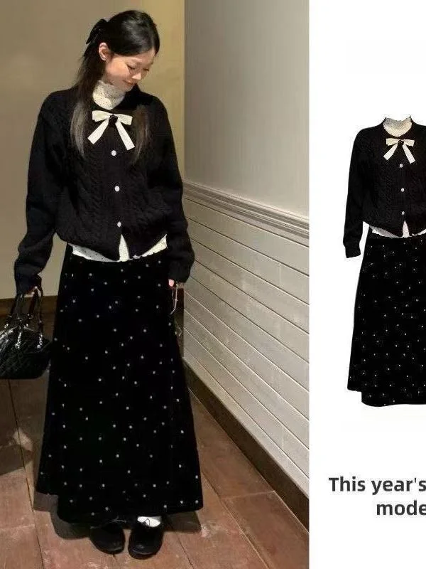 

Женский вязаный комплект с высокой талией, весна 2026: топ и юбка в горошек, корейский стиль, модный комплект из двух предметов