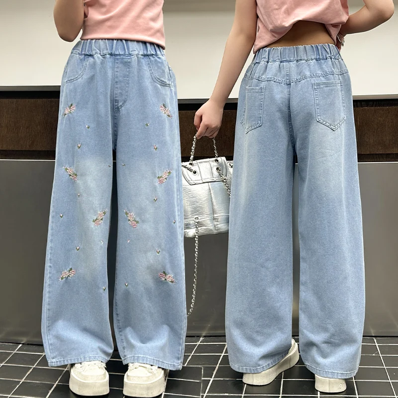 

Elegant Children High Fashion Straight Jeans with Floral Embroidery for Tween Girls Casual Blue Denim Pants Kids Flower Trousers