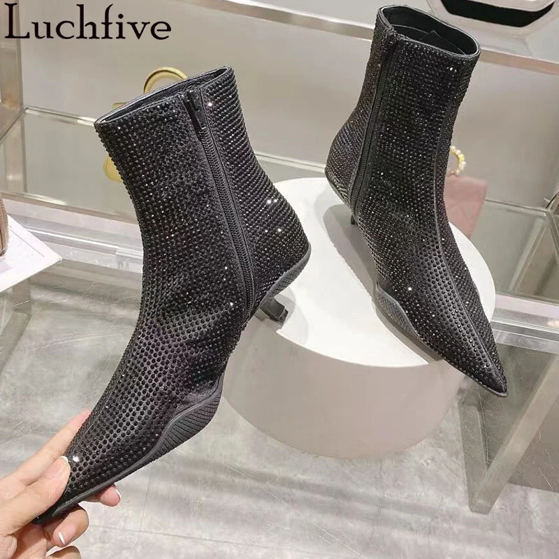 Luxury Slim Chelsea Ankle Boots Women Rhinestones Pointy toe kitten heel Boots Autumn Sexy Fashion Week Brand Crystal Boots 2023