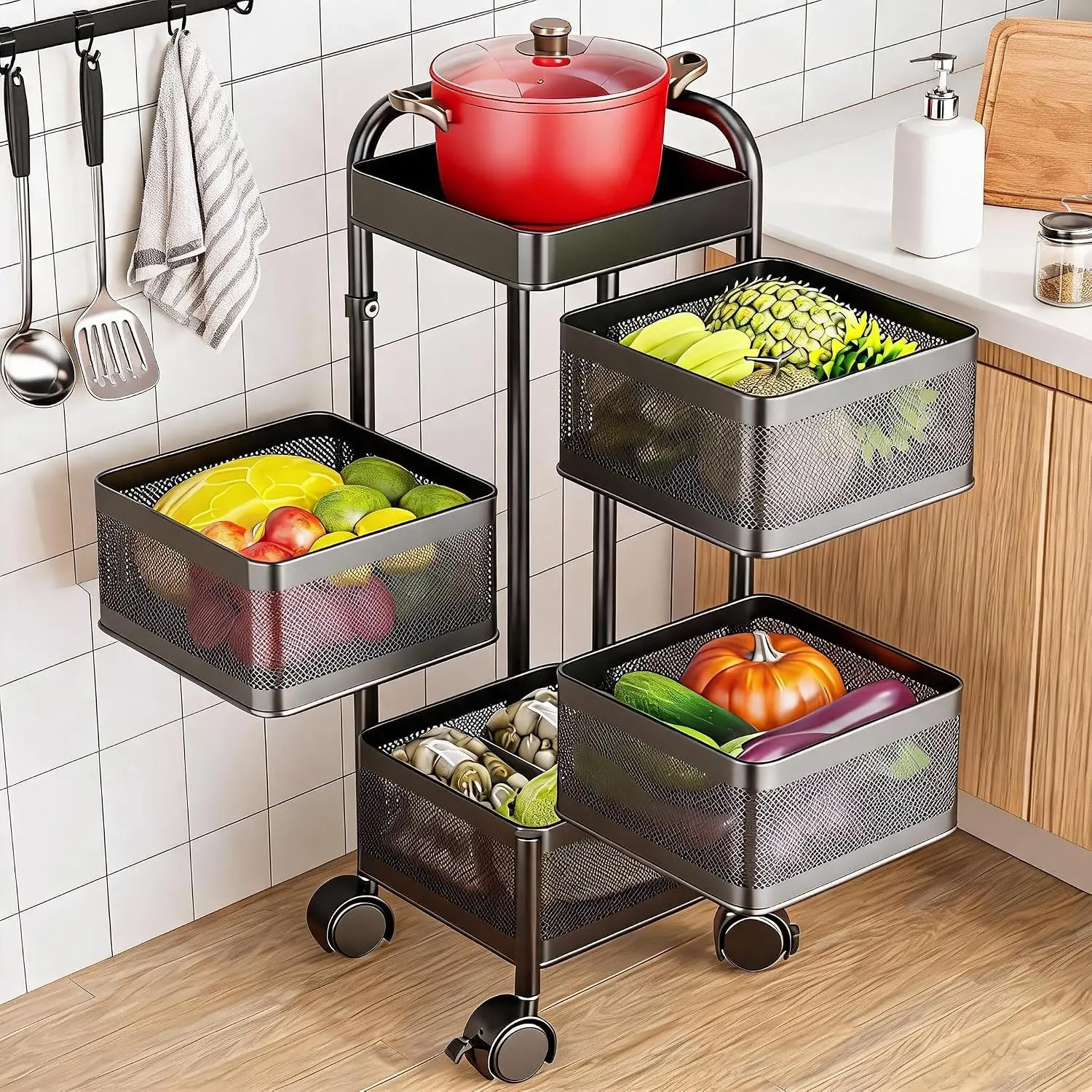 Tacleekii 4 Tier 5 Tier Fruit Vegetable Basket Stand Mobile Trolley Rolling Storage Cart with Top Lid Large Thickened Carbon Steel Utility Wire Rack for Potato and Onion Storage