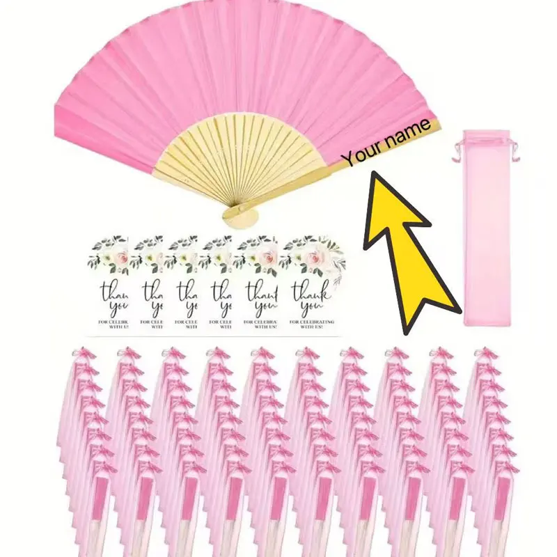 3Set/15Set/30Set/45Set/50Set Personalized Custom Pink Wedding Paper Fan Set, Women's Folding Fan with Thank You Tags and Tulle Bag, Bridesmaid Gift, Bridal Dance Prop, Suitable for Wedding Decoration, Party Accessories, Bachelorette Night Photo Props, Perfect Wedding Return Gift, Ideal Choice for Parties and Events, Excellent Summer Accessory Gift