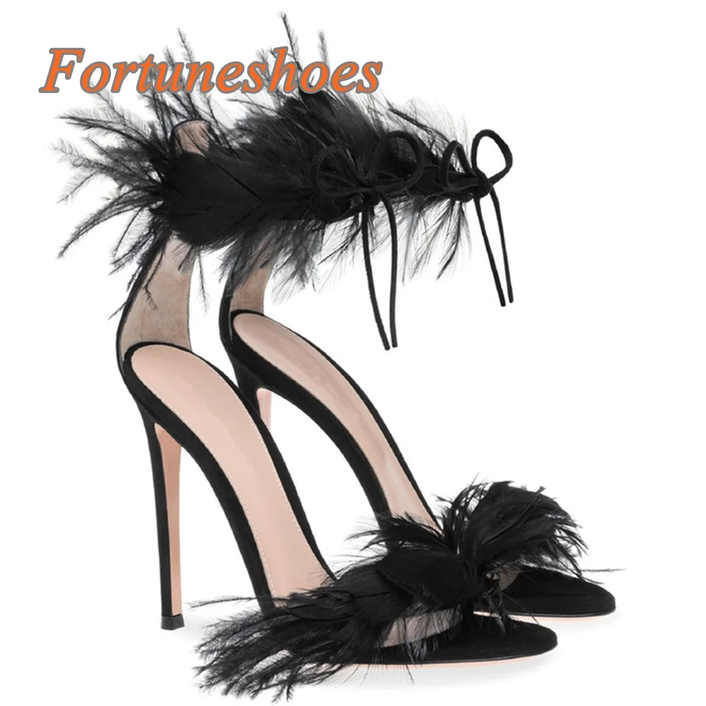 

Feather Ankle Strap Sexy Pumps Solid Stiletto High Heel Peep Toe Women Sandals 2025 New Arrivals Fashion Casual Autumn Sandals