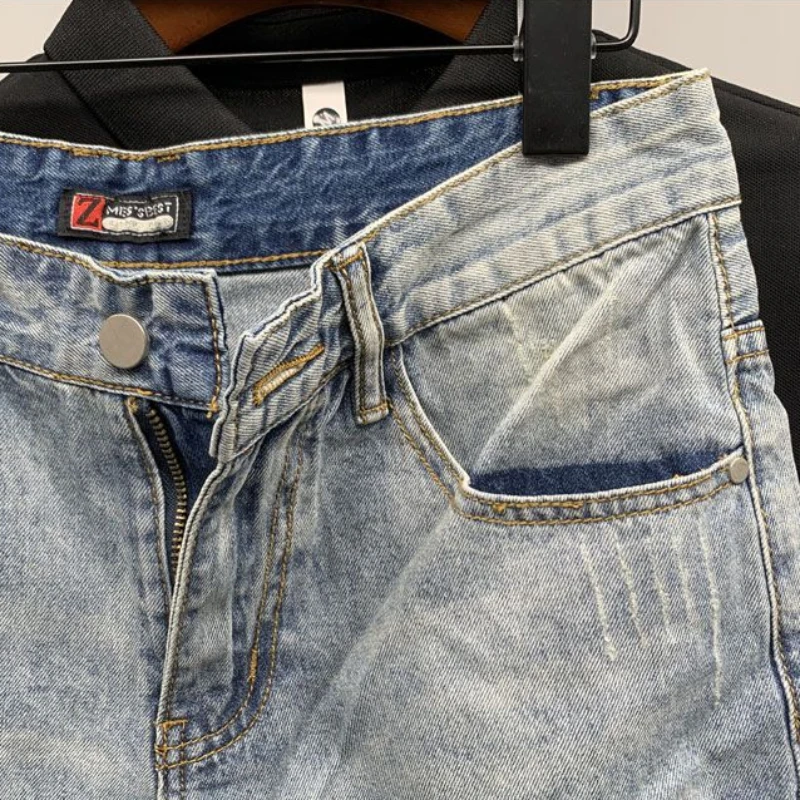 Short Jeans Pants for Men with Text Pockets Graphic Original Man Denim Shorts Distressed Stretch Thin Buttons Streetwear Summer