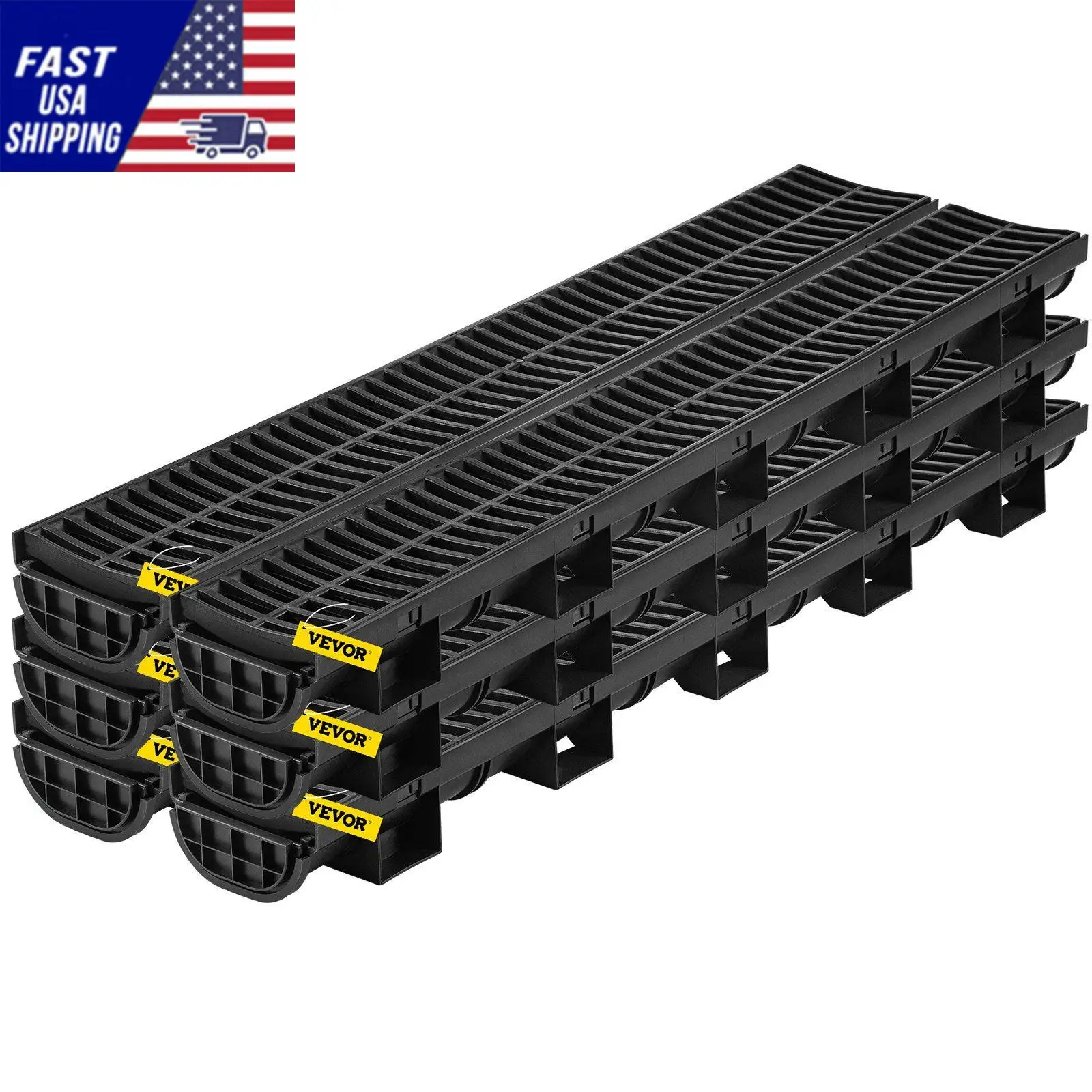 Trench Drain System, Channel Drain with Plastic Grate, 5.8x3.1-Inch HDPE Drainage Trench, Black Plastic Garage Floor Drain, 6x39