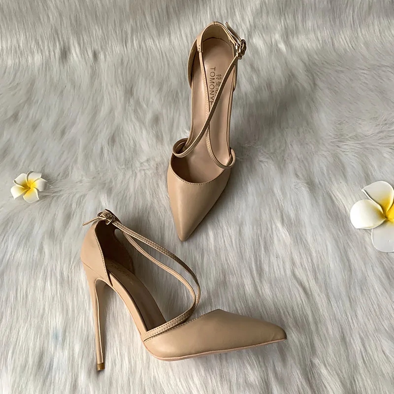 Nude Matte Leather Crossed Straps Pointed Toe Elegant Medium High Heel Evening Dress Shoes Pump Small Plus size 46 Hot On Sale