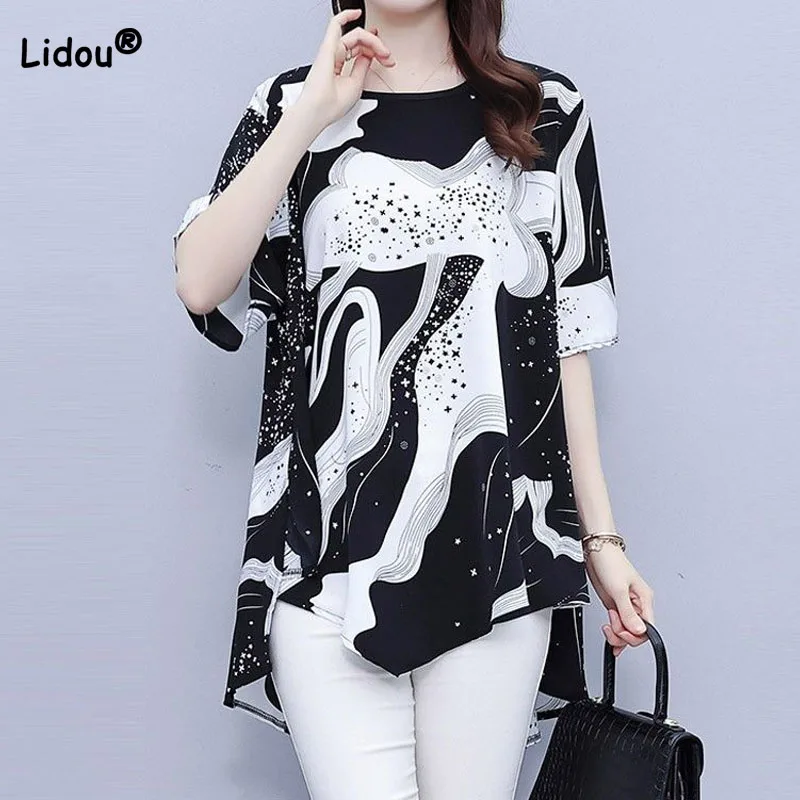 Female Casual Korean Printed Irregular T-shirt Loose All-match Commute Half Sleeve O-Neck Long Tops Summer Women\'s Clothing