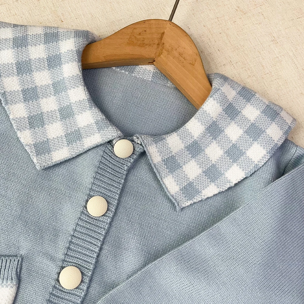 Koreanische Version Süße Niedliche Kinderkleidung Herbst und Winter Pullover-Sets Mädchenbekleidung Langärmliges Kariertes Oberteil + Kurzer Rock – Detail 6