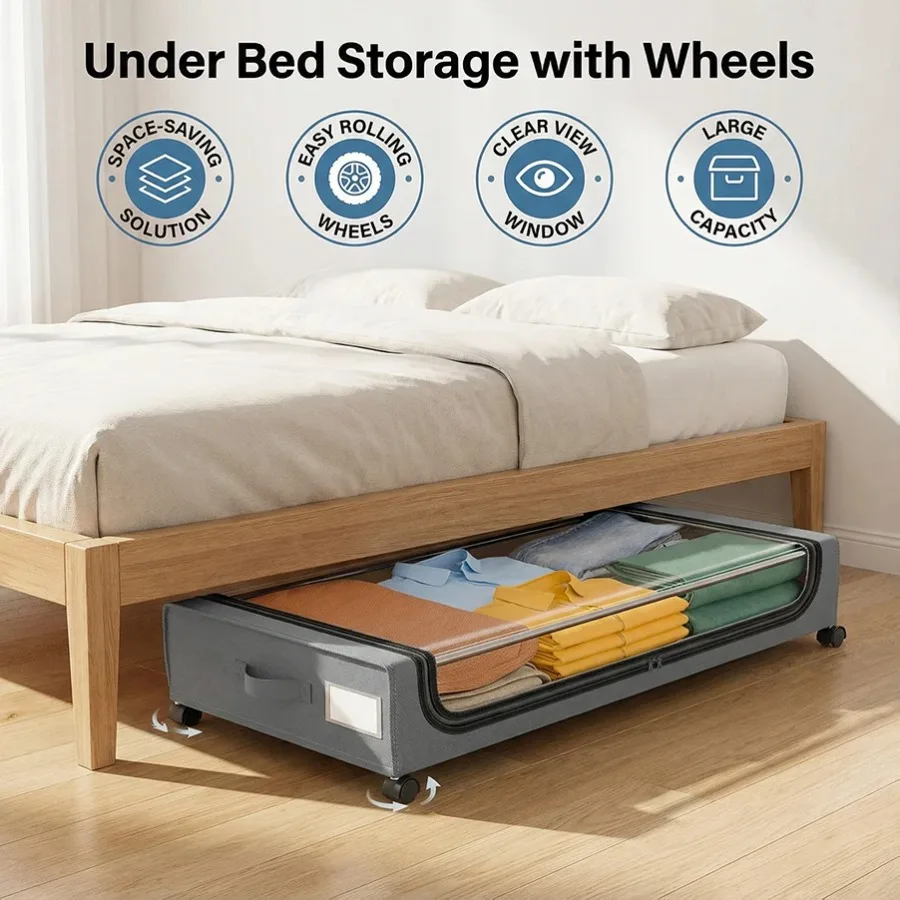 Armarios bajo cama que ahorran espacio, almacenamiento extraíble con ruedas y tapas, ideal para zapatos y ropa, caja de almacenamiento ideal para dormitorios y habitaciones.
