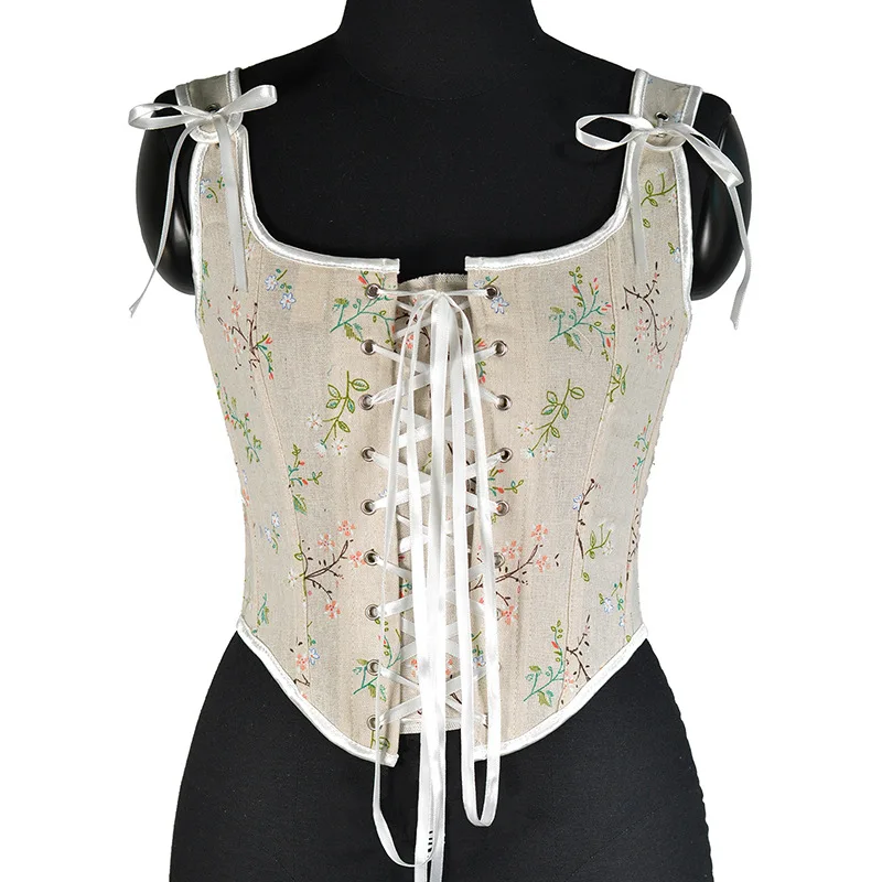 Women's Boned Overbust Corset Bustier Lingerie Bodyshaper Top French Vintage Camis Floral Tight Vest Front Strap Belly Shapewear