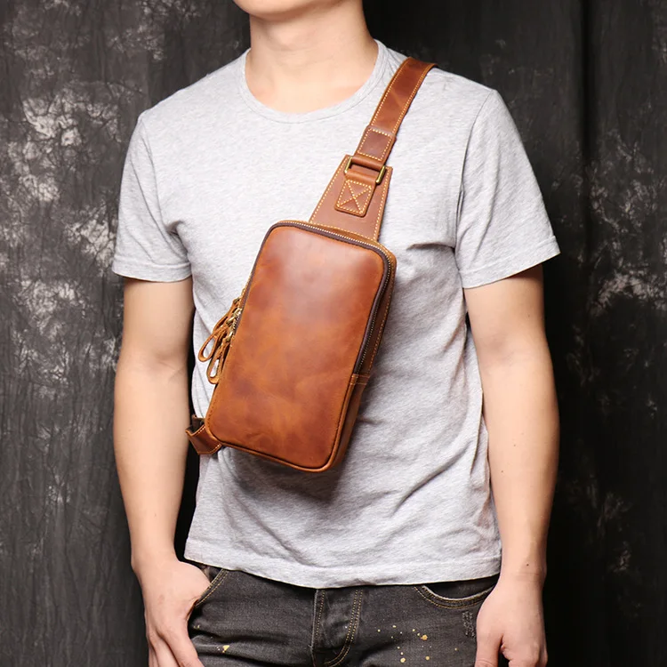 

LJ-1078 Retro Genuine Leather Cowhide Men's Chest Bag, Women's Multifunctional Crazy Horse Leather Shoulder Crossbody Bag