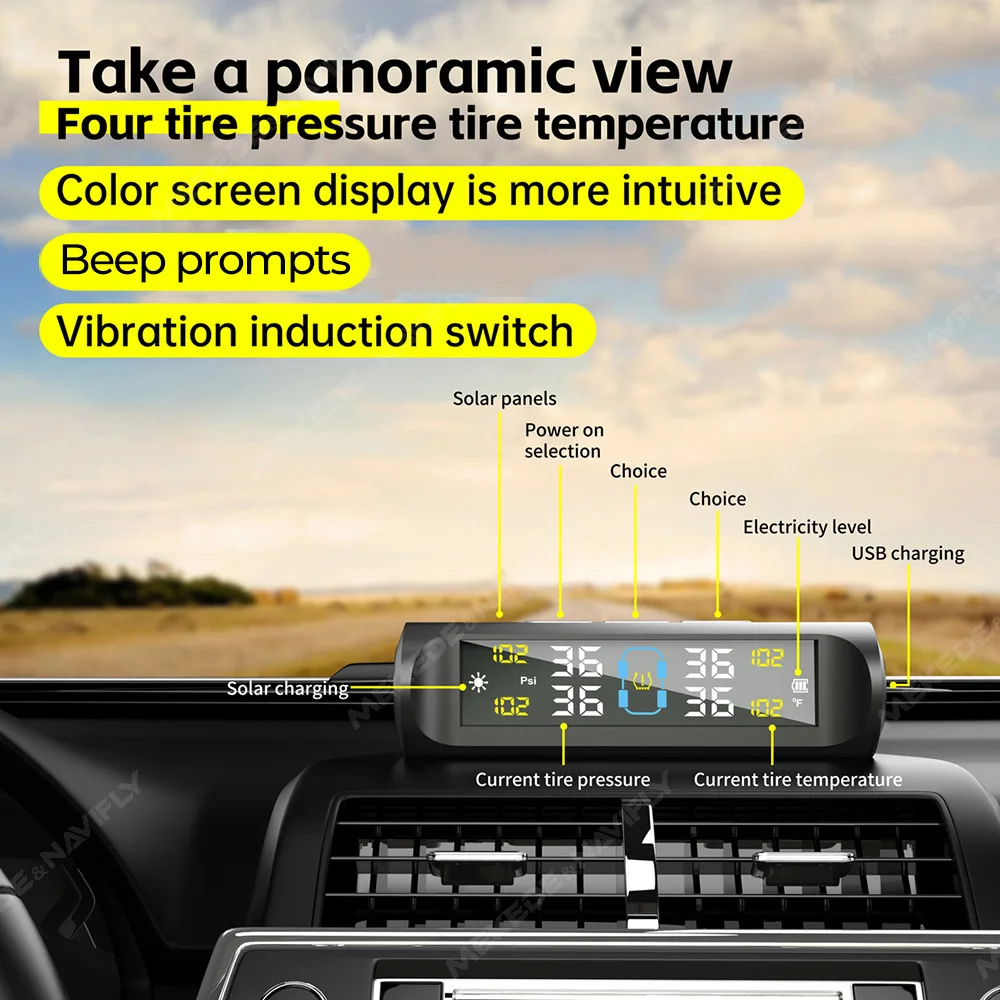 MEKEDE Solar/USB Cable 2in1 Charging Tire Pressure Monitor Time Temperature and Pressure on Screen Non Destructive Installation